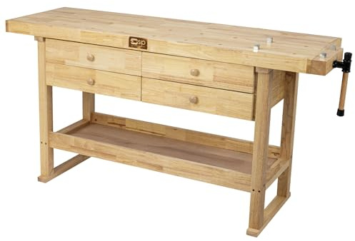 SIP Professional Hardwood Workbench 1640mm 4 Drawers Vice 100kg Capacity | Joiners Bench, Trade Workshop, Four Metal Pegs, Storage Shelf, 820mm Height, 500mm Depth, 46.5kg, Garage Bench, Timber Work