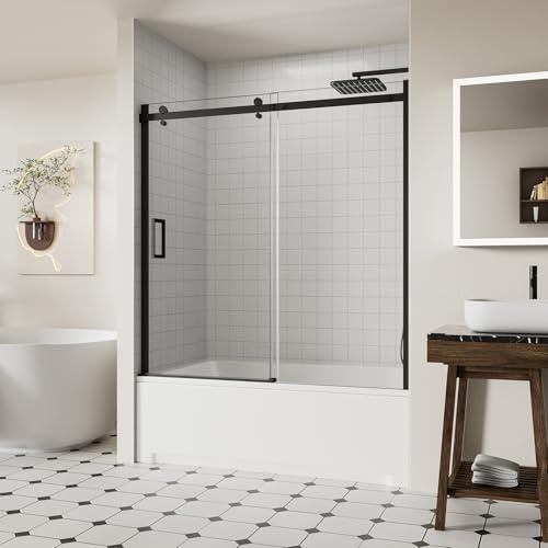 ACE DECOR 56-60 W x 58 H Frameless Bathtub Sliding Doors, Glass Shower Door for Tub with 5/16 (8mm) Clear SGCC Tempered Glass, Matte Black Finish Shower Doors, Reversible Installation