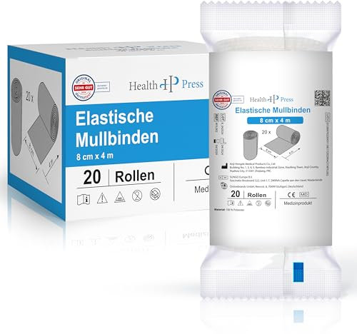 Health Press Mullbinden – Verbandsmaterial (8cm x 4m) 20 Rollen – Elastischer Binden Verband – Medizinprodukt – Dermatologisch getestete Fixierbinde – Bandage Ideal für Erste Hilfe & Wundversorgung