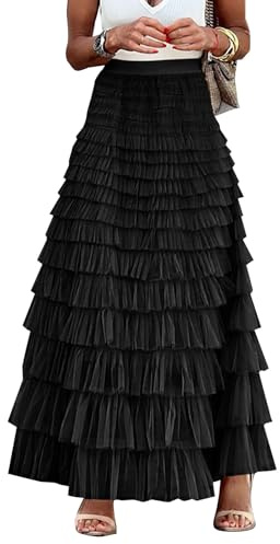 Flygo Women's Long Maxi Tulle Skirts A Line Ruffle High Waisted Tiered Layered Mesh Tutu Skirt Petticoat(Black-L)