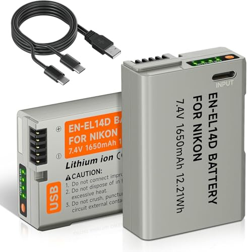 ENEL14 1650 mAh batteri med USB-C-laddningskabel för Nikon D5600, D5100, D5200, D5300, D5500, D3200, D3400, D3500, Coolpix P7100, P7200, P7700, P780 (2 st)