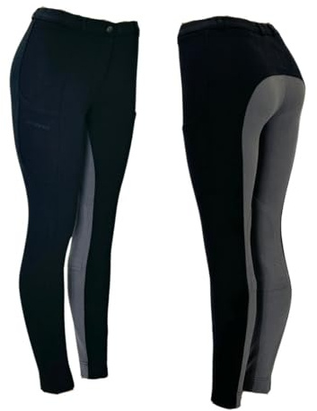 Autumnn Equestrian Jodhpurs Jodphurs Jods - Pantaloni da equitazione elasticizzati in 4 direzioni, con toppa al ginocchio, nero/grigio, 36 W
