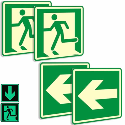 Schild Notausgang Selbstklebend | Ashoaza Notausgangsschild Nachleuchtend 15x15CM | 4 Stück Fluchtwegschild Rettungsweg | Sicherheitsschilder