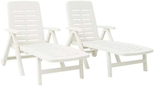 KURIL Pack 2 Tumbonas Plegables con Ruedas Smeraldo – 72x189x96 cm – Polipropileno – Respaldo Multiposición – Color Blanco – Exterior Jardín y Piscina