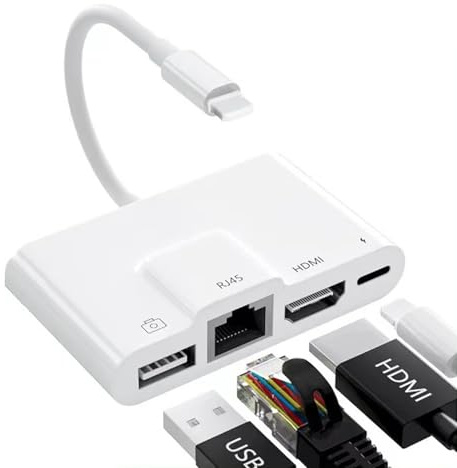 RJ45 Ethernet 4 in 1 Lightning to HDMI Adapter - 1080P HD Network LAN Wired USB Data Sync Charging Card Reader for iPhone/iPad/TV/Monitor/Projector/Keyboard/Mouse