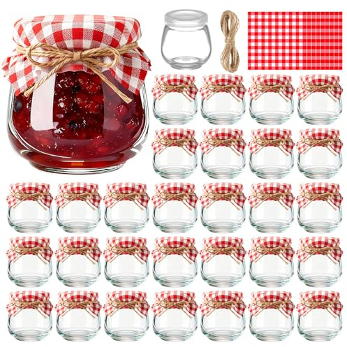 LemonRoad 30 Mini Yogurt Jars 3.4 oz Glass Bottles with Plastic Lids for Jam, Honey, Wedding Favors, Birthday Party Decor Mason Jar with Checkered Cloth and Rope (Circle,Red,White)