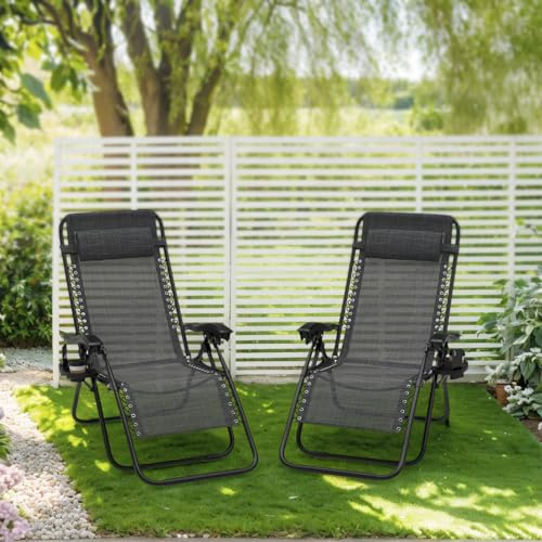 2er Liegestuhl Klappbar Verstellbare Sonnenliege Gartenliege Mit Kopfkissen Ablage Atmungsaktivem Teslin-Gewebe Wetterfest Stabler Stahlrahmen,Gartenstuhl,Relaxliege Für Garten Balkon Terrasse,Schwarz