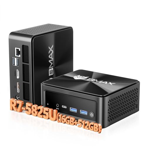 BMAX Mini PC 16GB DDR4 512GB M.2 NVMe SSD, АMD Ryzen 7 5825U(8C/16T, bis zu 4,5 GHz) Mini Desktop Computer Win-11 Pro, WiFi 6, LAN, 4K Triple Display Micro-PC mit VESA für Schule/Büro/HTPC/Gaming