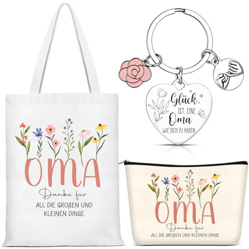 Otuuz 3 Stück Geschenke Baumwolltasche Canvas Tragetasche Einkaufstasche Kosmetiktasche mit Schlüsselanhänger Geschenke für Mutter zum Geburtstag Muttertag Weihnachten