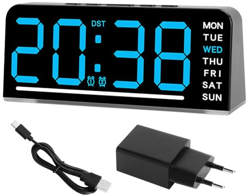 TNSLAND Sveglia Digitale LED Doppia Sveglia, Schermo Grande Luminosità Regolabile, Visualizzazione Temperatura, Data Giorno, Luce Notturna Dolce, Porta USB-C Adattatore Incluso, Camera Letto e Ufficio