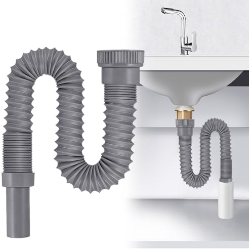 Flexibel avloppsslang G1 ½ tum med förstärkt ståltråd, utdragbar 350–760 mm vatten/luktlås för kök och badrum, handfat (grå)