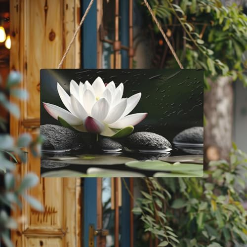 Panneau de bienvenue personnalisé en bois pour porte d'entrée, lotus et pierres zen noires, plaque en bois brut avec ficelle pour décoration d'intérieur, panneau de jardin pour jardin et cour