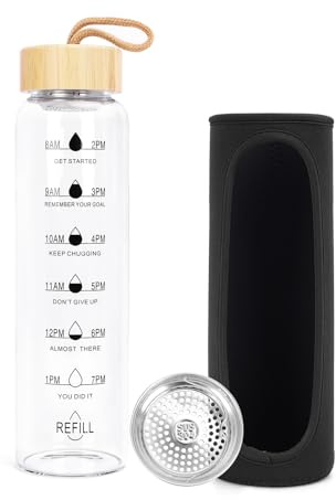 YIMOJOY Glasflasche 1Liter mit Zeitmarkierungen & Edelstahl Sieb & Schutzhülle,BPA-frei Sport Wasserflasche 1l Glas,Weithals Glastrinkflasche Auslaufsichere Trinkflasche Glas für Büro,Schule,Fitness