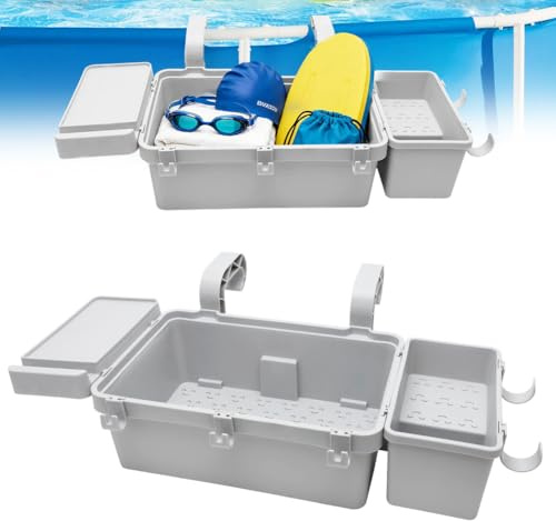 CEWROM Poolhylla, hänga, set med pool, förvaringskorg, korg för pooler, återvunnen plast, mugghållare multifunktionell pooltillbehör för uppställningspool ovanjordisk