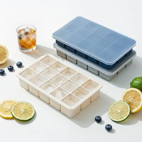 Ameinu 3 Pack Silicone Ice Cube Trays with Lids BPA Free Stackable | Leakproof lids block spills & odor. Thick silicone releases 3.5cm ice cubes easily. Stackable BPA-free for whiskey cocktails