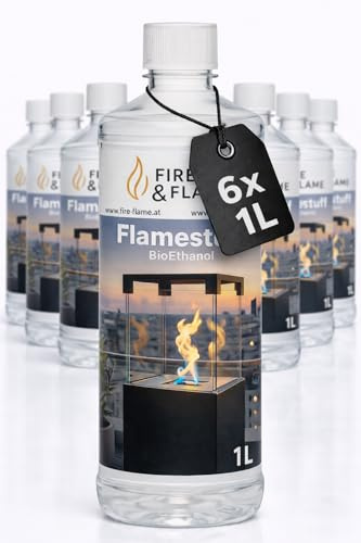 Bioethanol Flamestuff 96,6% Ultra Premium – 6 x 1 L Kamin Brennstoff - BioEthanol – Rauchfrei & Geruchsarm – Für Ethanol Kamin, Wandkamin & Tischkamin – Indoor & Outdoor Feuerstellen (6 Liter)