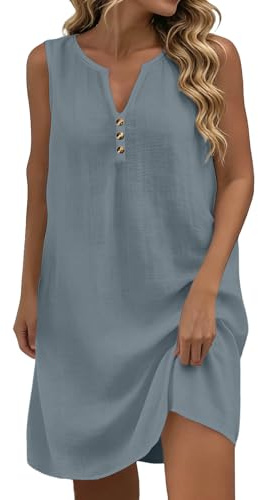 Sommerkleid Damen Baumwolle Leinen Elegant Damenkleid Ärmellos Strandkleid Bequeme V Ausschnitt Kleid Trägerkleid Sommerkleider Atmungsaktiv Leinenkleid Freizeitkleid Strandkleider Grau XL