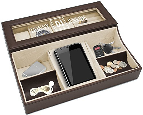 My Personal Memories, Personalized Leather Valet Tray Box - Custom Monogrammed Mens Dresser Organizer Catchall (Brown)