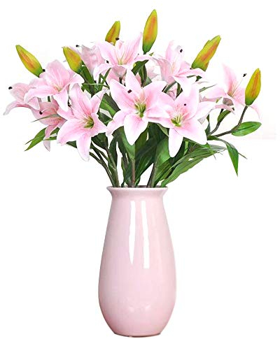 Flor Artificial Lirio, GKONG Pack de 4 Ramos Realista Flores Ramos de Aspecto Natural Lirio con 3 Flores y Ramas, Ideal para Habitación Parte Festivales Celebración Jarrón Decoración-Rosado