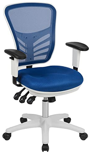 Flash Furniture Multifunktions-Bürostuhl, ergonomisch, mit verstellbaren Armen und weißem Rahmen, aus Netzstoff, Blau