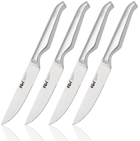 Furi Pro Serrated Steak Knives 4 pc Set, Four Premium Knives for a Superior Cutting Performance, Serrated Stainless Steel Blades and Ergonomic Reverse-Wedge, Anti-Fatigue Handle for a Safe Grip