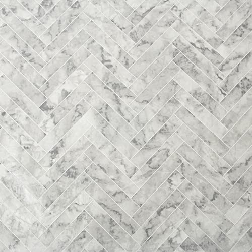Contour Antibac Marble Chevron White Tiled Wallpaper - Paste The Wall - Grey/White Wallpaper - Traditional Marble Chevron Tiled Design - Feature Design or 4 Wall Design - Cover for Small Cracks
