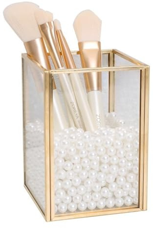 SLHEQING Glas Kosmetik Organizer Golden Vintage Makeup Organizer, Kosmetik Aufbewahrungsbox für Lippenstifte, Nagellack, Kosmetikpinsel