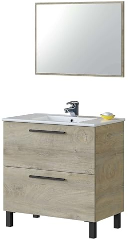 Habitdesign Mueble de Baño con 2 Cajones y Espejo, Modulo Lavabo, Modelo Athena, Acabado en Roble Alaska, Medidas 80 cm (Ancho) x 80 cm (Alto) x 45 cm (Fondo). (Lavabo no Incluido).