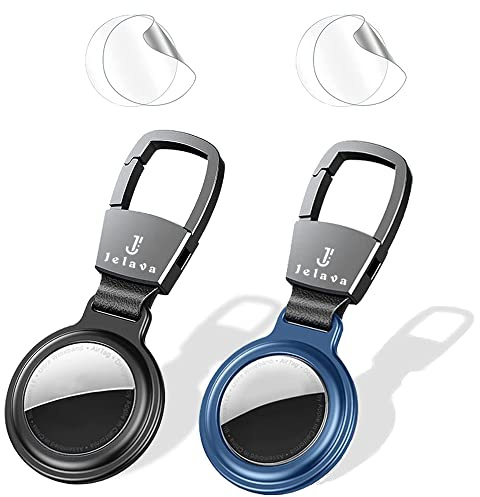 Jelava Nyckelring 2-pack för Airtag, hållare med karbinhake för Apple Air Tag, magnetisk fodraldesign av aluminiumlegering, luftetikett för hund/kattkrage, bil/husnycklar, bagage (svart + blå)