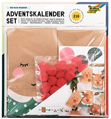 folia 9384 - Adventskalender Red Nose Reindeer, 24 Tüten zum Befüllen und selber Basteln, mit Zubehör