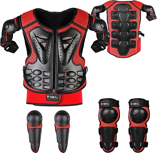Armatura Moto per Bambini,JUSTDOLIFE 5 Pezzi Set di Armatura da Moto Protezione di Motocross per Bambini Ginocchiere Traspiranti Gomito Pettorina per Tutti I Terreni Ciclismo Sci Pattinaggio