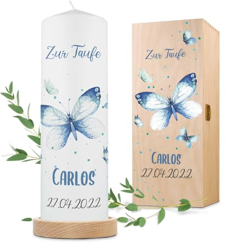 GRAVURZEILE Bedruckte Kerze - Taufkerze Schmetterling V2 - brilliant bedruckte Kerze zur Taufe - Personalisiertes Taufgeschenk für Mädchen & Jungen - Hochwertige Stumpenkerze 250/80 mm Farbe Blau