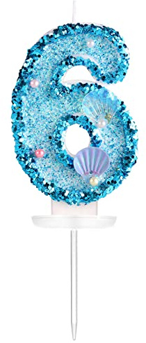 KINBOM 7,5cm Geburtstag Nummer Kerzen, Glitzer Zahlenkerze Blau Kuchenzahlenkerzen Muschel Pailletten Zahlenkerzen für torte Geburtstag Jubiläum Meerjungfrauen-Mottoparty (Zahl 6)