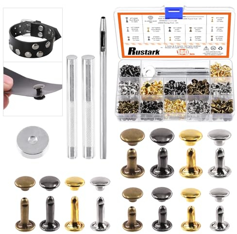 Rustark 180 Sets Leather Rivets Kit 3 Sizes 4 Colors Double Cap Rivet Tubular Metal Studs with Setting Tools Kit for DIY Leather Craft (8x8mm, 8x12mm, 10x10mm)