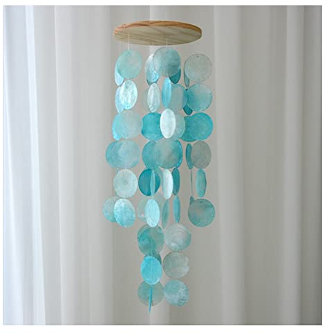 Yurosiay Carillons éoliens Capiz - À suspendre - Pour l'extérieur - Élégant carillon éolien - Coquillages nacrés - Carillon éolien pour jardin, terrasse, balcon, bleu