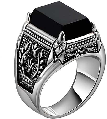 Mesnt Ring Männer Silber, 925 Sterling Silber Punk-Muster Achat Ringe MännerSilber Schwarz, Größe 66 (21.0)