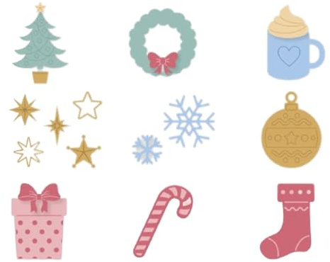 Craftelier - Mini Weihnachts Stanzschablonen Set | Enthält Stern, Schneeflocke, Geschenk, Weihnachtsstrumpf, Weihnachtsbaum, Kranz mit Schleife, Schokoladenbecher und Weihnachtskugel