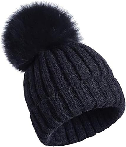 yaxinshi Bommelmütze mit warmem Echtpelz Bommel Echtfellbommel Ski-Mütze Pudelmütze Winter-Mütze Pelzbommel Waschbär Raccoon Pelz - Einheitsgröße, Elastisch & Angenehm