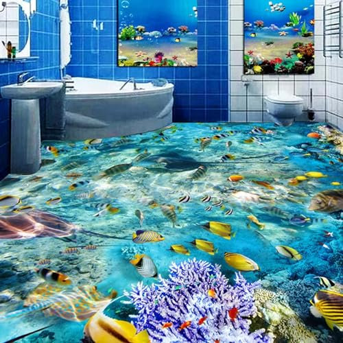 Kundenspezifischer, Selbstklebender Bodenaufkleber Unterwasserwelt-Fisch-Korallen-3D-Bodenwandbild-Tapete, 200 x 140 cm Bodenfliesen Aufkleber Wohnzimmer Studie Bodenbelag Tapete, Epoxidharz