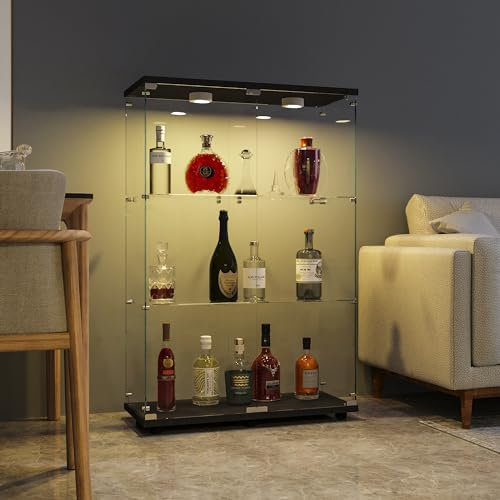 FANYUSHOW Glasvitrine Standvitrine in Schwarz - Vitrinenschrank mit Glastür, 5 mm Gehärtetes Glas Sammlervitrine - Glasvitrine Regal Glas Schrank mit Licht 125 x 79 x 36.5 cm