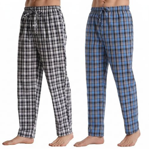 YUSHOW 2-pack pyjamasbyxor herr långa bomull rutiga pyjamasbyxor mjuka pyjamasbyxor fritidsbyxor med fickor och dragsko, Marinblå rutig + blå rutig, M