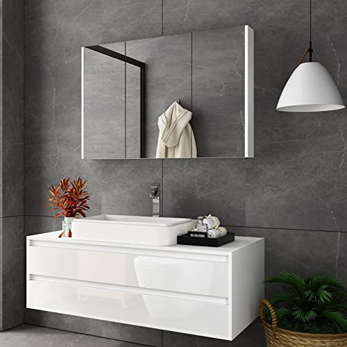 Senvoziii Bathroom Mirror Cabinet 3 Doors Storage Cupboard Wall Mounted Bath Cabinet with Adjustable Shelves Organiser Waterproof Wooden Bathroom Cabinets with Mirror White