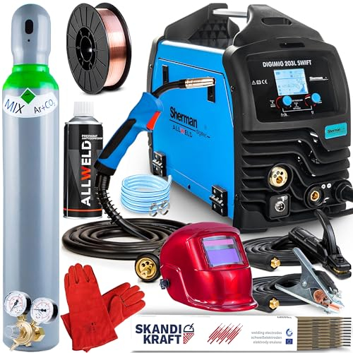 Sherman DIGIMIG 203L SWIFT - Synergisches MIG MAG Schweißgerät mit Schutzgas und Fülldraht - Mit Induktivität, Punktschweißen, ATC und Post Flow-Funktion - IGBT Schweißgerät - Set: Professional Plus