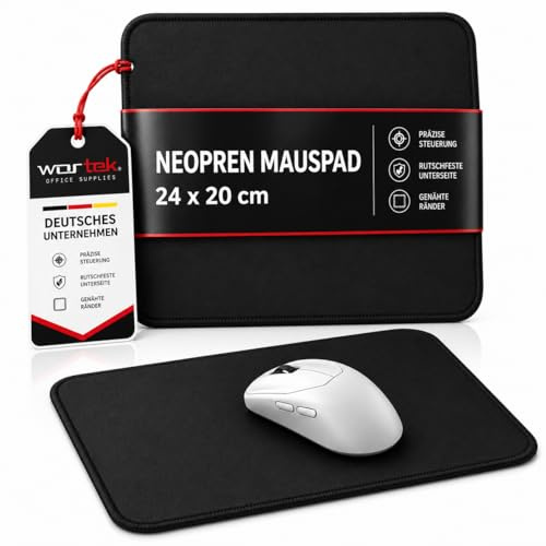 Wortek Mauspad, klein, 24 x 20 cm – schwarze Schreibtischunterlage aus Neopren – genähte Kanten – rutschfeste Gummibasis