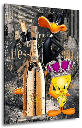 Kunstgestalten24 | Tweety und Duffy Champagner Comic Pop Art Leinwand-Bild | Leinwandbild mit Echtholz-Keilrahmen | Wandbild Gemälde Kunst Art | Hochwertiger Kunstdruck | 30x40 mit 2cm Rahmentiefe