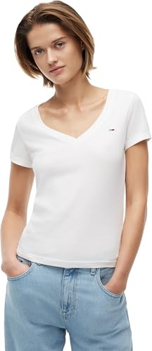 Tommy Jeans Camiseta de Manga Corta para Mujer Slim Essential Rib Cuello de Pico