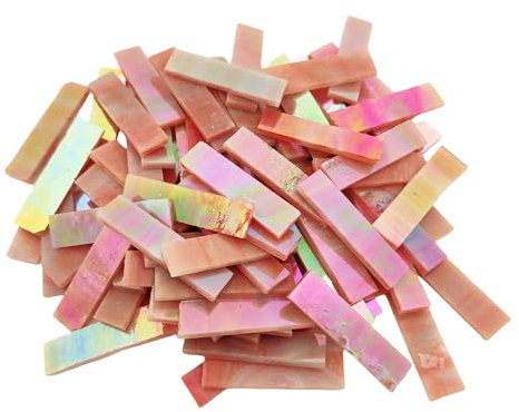 4 x 1 CM Rectangular Iridescent Stained Glass Strip, 7oz Glass Mosaic Tiles for DIY Crafts,Plates,Picture Frames,Flower Pots,Handmade Jewelry and More Mosaic Decorative (Iridescent Tangerine)