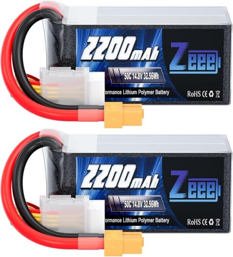 Zeee 4S Lipo 2200mAh 14,8V 50C Batteria RC con connettore XT60 per droni RC, bici da corsa FPV, quadricotteri, aerei, elicotteri, barche, auto RC (2 pezzi)
