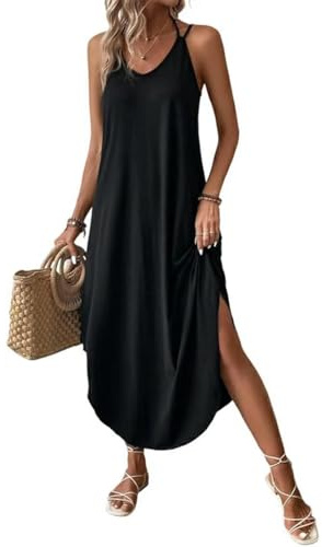 Chicrise Abito Lungo Donna Senza Maniche Vestito Spiaggia Estivo Casual Vestito con Cinturino e Spacco Nero Medio 38-40