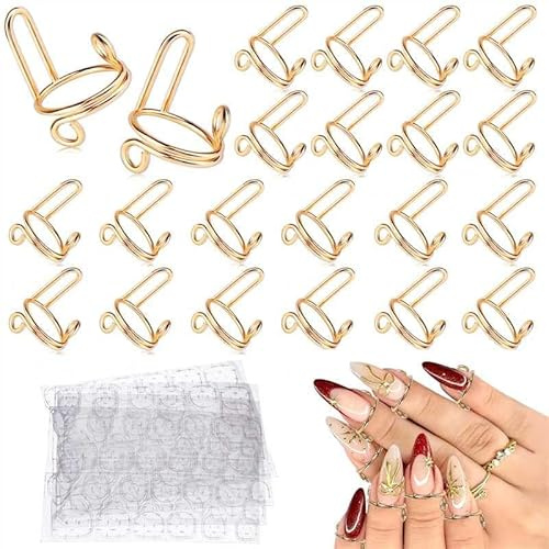 TOROKOM 20PCS Anillos de Uñas Wudu Reutilizables con 96 Pestañas Adhesivas – Set de Uñas Postizas Ajustables Sin Pegamento para Mujer, Coberturas Metálicas de Uñas, Accesorios Desmontab (Oro)